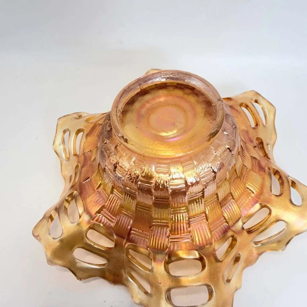 Fenton Marigold Carnival Glass 2-Row Open Edge Basketweave Bowl 6 inch